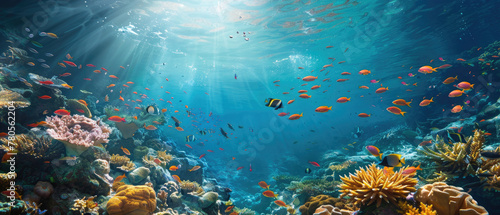 In the crystal clear blue sea, colorful fish swim around coral reefs, creating an underwater world of beauty and tranquility