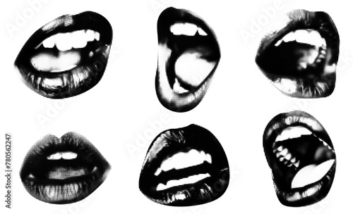 Pop art mouth elements. Grunge black and white open mouth with tongue. Trasparent Background with vintage graphic illustration photo