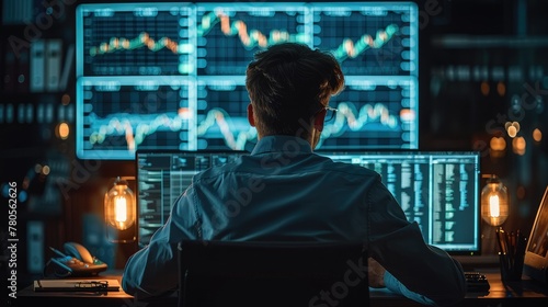 Investor sitting in the dark behind the desk and watching the graph on screen. Generative AI.