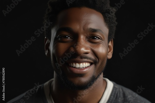 young black african middle aged man on plain bright black background laughing hysterically looking at camera background banner template ad marketing concept from Generative AI