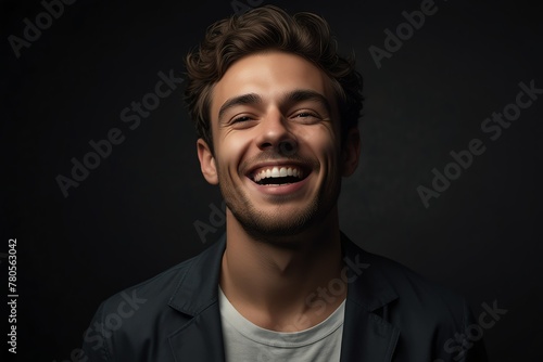 young british man on plain bright black background laughing hysterically looking at camera background banner template ad marketing concept from Generative AI