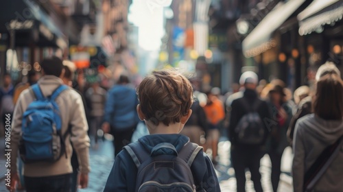 Young Boy with Backpack Exploring Bustling City Street