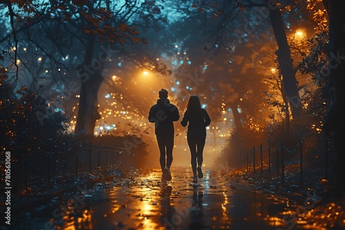 A man and a woman stroll on a rainslicked sidewalk under the midnight sky