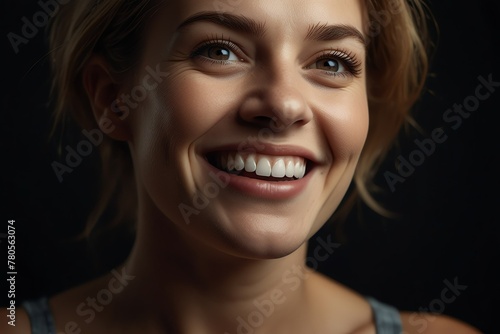 young british middle aged woman on plain bright black background laughing hysterically looking at camera background banner template ad marketing concept from Generative AI photo