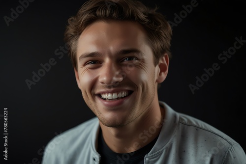 young caucasian man on plain bright black background laughing hysterically looking at camera background banner template ad marketing concept from Generative AI