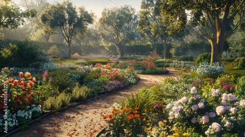 A wide-angle shot capturing the tranquility of an early morning in the garden with paths leading between awakening beds of flowers