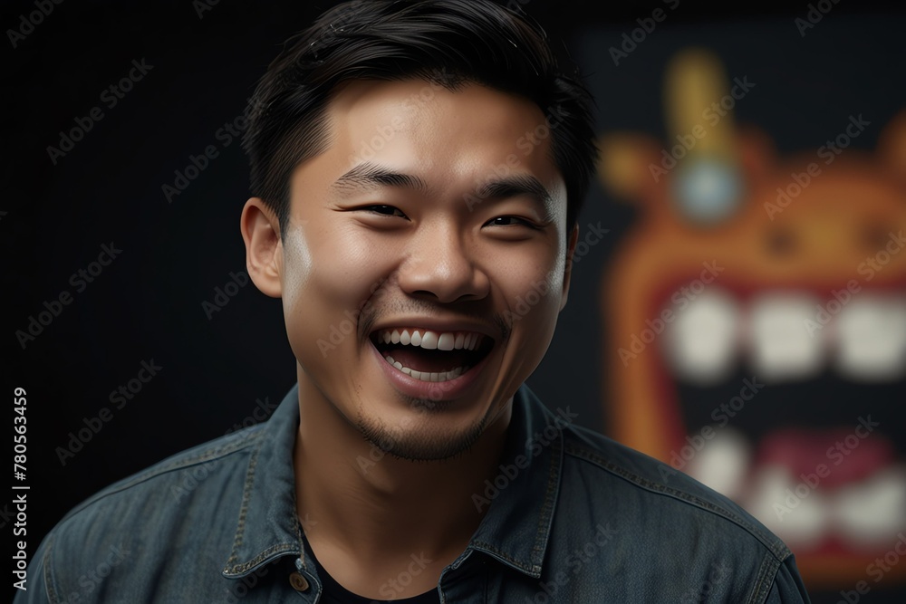 young chinese man on plain bright black background laughing hysterically looking at camera background banner template ad marketing concept from Generative AI young chinese man on plain bright black background laughing hysterically looking at camera background banner template ad marketing concept from Generative AI