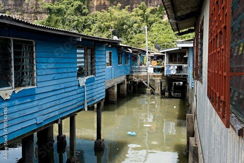 View of dwellings in Sim Sim water village Sandakan and Sulu Sea. Sabah. Borneo island. Malaysia. Asia.