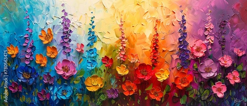 Vibrant, abstract representation of a summer garden, oil paint with palette knife strokes, on a lively background, featuring colorful flowers and dramatic lighting photo