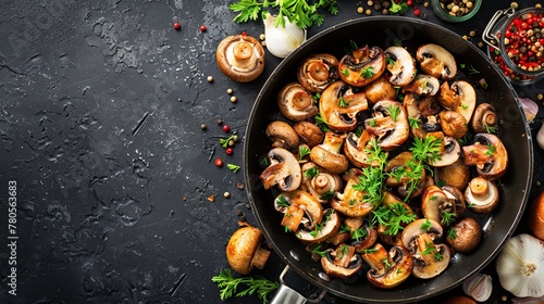Roasted mushrooms with onion in frying pan on a dark textured background. Top vie, copy space