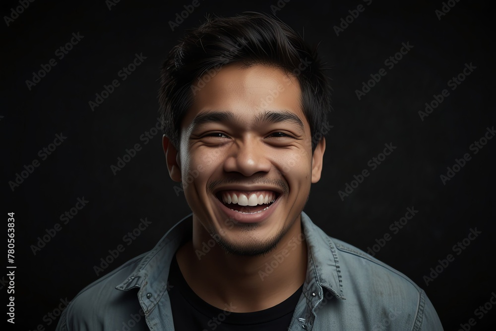 young filipino man on plain bright black background laughing ...