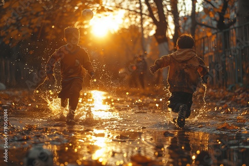 Two kids joyfully splashing in a muddy puddle at sunset in a natural landscape