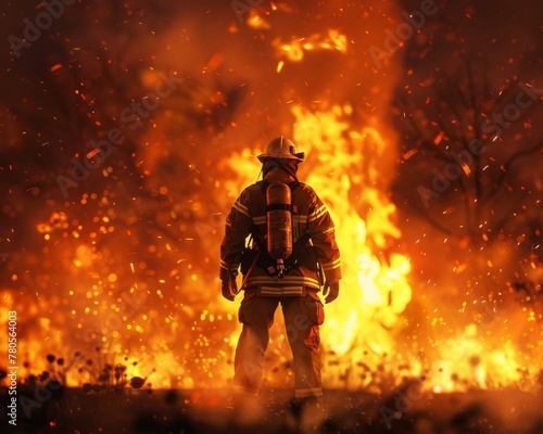 A firefighter standing in front of a blazing inferno