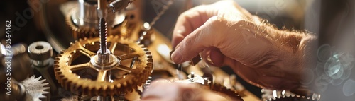  Precision in metalwork hands fitting a wheel into a gear train photo