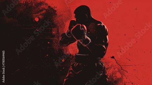Boxer in aggressive stance over red backdrop - A boxer in an aggressive protective stance is depicted in high contrast with a deep red and black grungy background symbolizing fight and passion