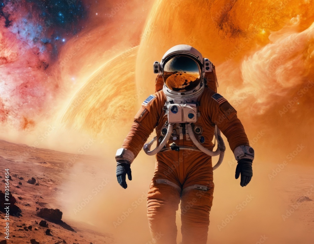 Obraz premium Spacewalk: Astronaut Explores Alien Terrain, Cosmic Explorer: Man in Spacesuit Ventures into the Unknown, Surface of the Unknown: Astronaut in Space Suit Explores New World