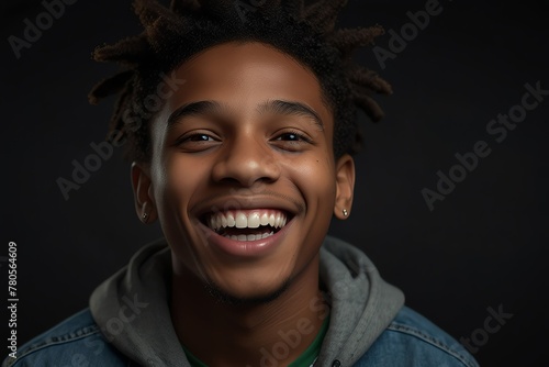 young jamaican teenage boy on plain bright black background laughing hysterically looking at camera background banner template ad marketing concept from Generative AI photo