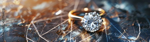 Closeup of a diamond ring cast in golden sunset light warmth and romance