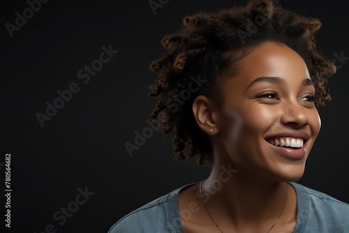 young jamaican teenage girl on plain bright black background laughing hysterically looking at camera background banner template ad marketing concept from Generative AI