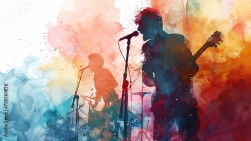 Band Playing in Watercolor Style - A lively scene of a band performing, depicted in an expressive watercolor style with dynamic hues