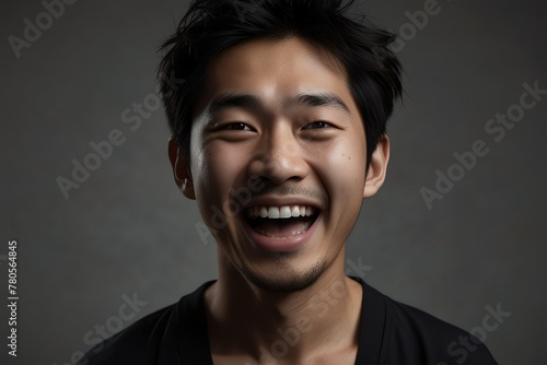 young japanese man on plain bright black background laughing hysterically looking at camera background banner template ad marketing concept from Generative AI