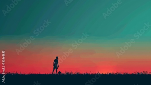 Solitary figure playing soccer at twilight - A lone soccer player set against a twilight sky imbues a sense of solitude and introspection photo