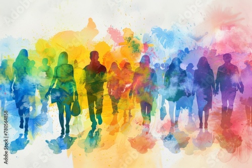 Crowd of People Abstract Watercolor Concept - A lively, colorful abstract watercolor composition of a crowd of people representing social interactions