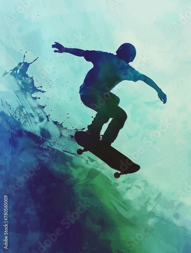 Skateboarder jumping with vibrant splash effect - A skateboarder caught mid-air with a colorful splash effect, showcasing motion and the vibrancy of skate culture