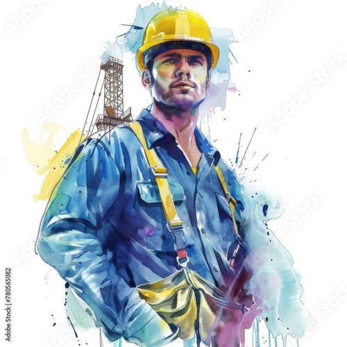 Artist portrayal of a construction worker - A vibrant watercolor painting of a construction worker with an oil rig in the background, highlighting the industrial theme photo