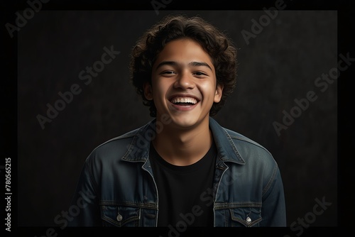 young mexican teenage boy on plain bright black background laughing hysterically looking at camera background banner template ad marketing concept from Generative AI