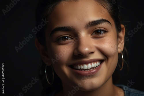 young mexican teenage girl on plain bright black background laughing hysterically looking at camera background banner template ad marketing concept from Generative AI