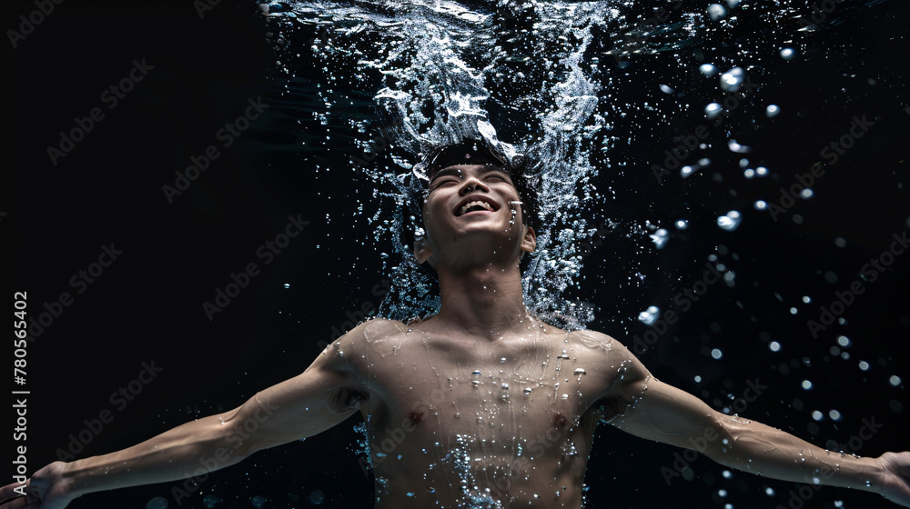 Obraz premium a full body view of male model, jumped in clear water