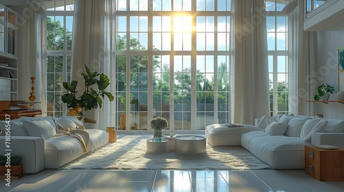 The house decoration with a modern room and bright lighting. large window. Generative AI. photo