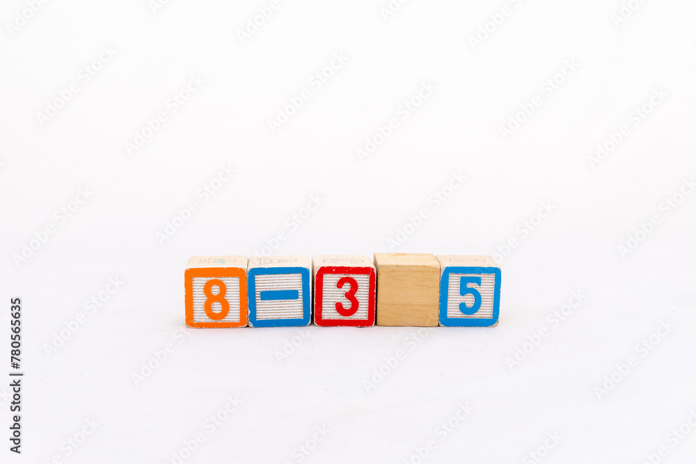 Simple math equation 8 minus 3 equals 5 formula isolated on white background. Mathematics formulas concept. Simple math equation 8 minus 3 equals 5 formula isolated on white background. Mathematics formulas concept.