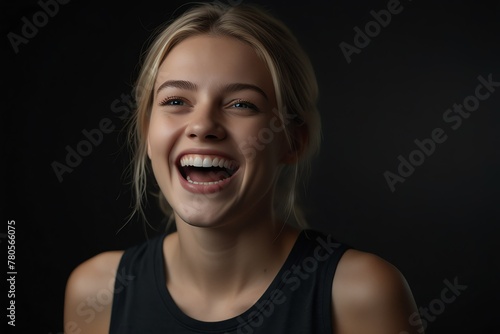 young white woman on plain bright black background laughing hysterically looking at camera background banner template ad marketing concept from Generative AI
