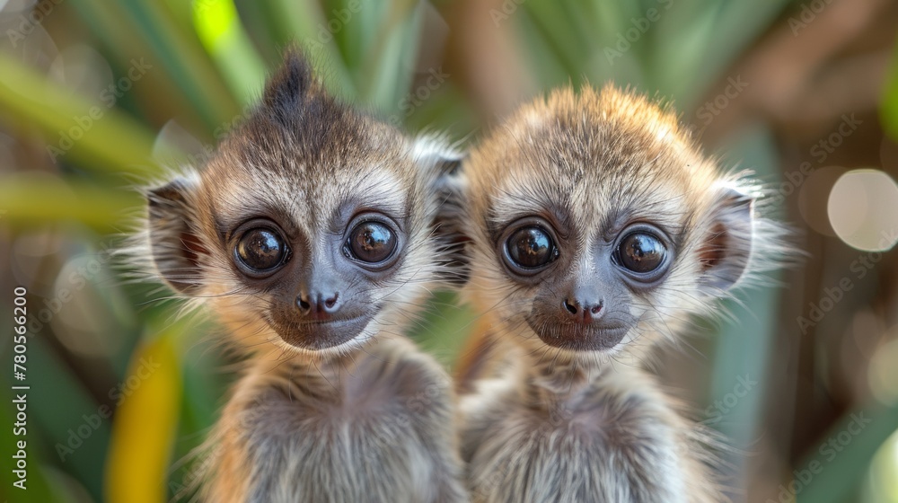 Fototapeta premium Two small monkeys with big eyes standing next to each other, AI