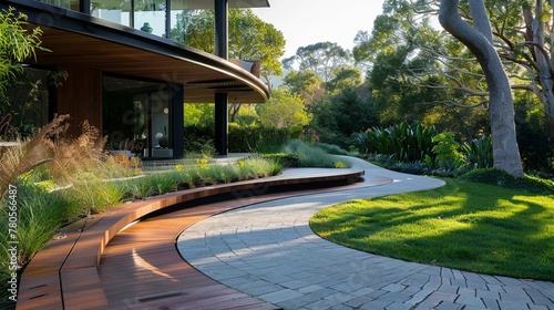 Pathway with a curved design leading to the house