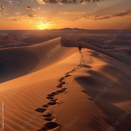 A lonely traveler walks through the endless desert