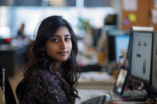South Asian woman working in an office with computers.