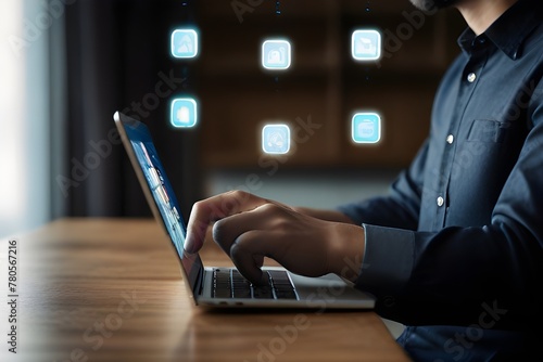 Internet of Things IoT, digital marketing, E-commerce, global business concept. Man using mobile phone and laptop computer with digital technology, internet network connection, social media marketing photo