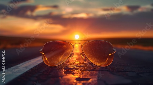 Wallpaper Mural Aviator sunglasses on dashboard, road trip, sunrise, adventure start, clear horizon Torontodigital.ca