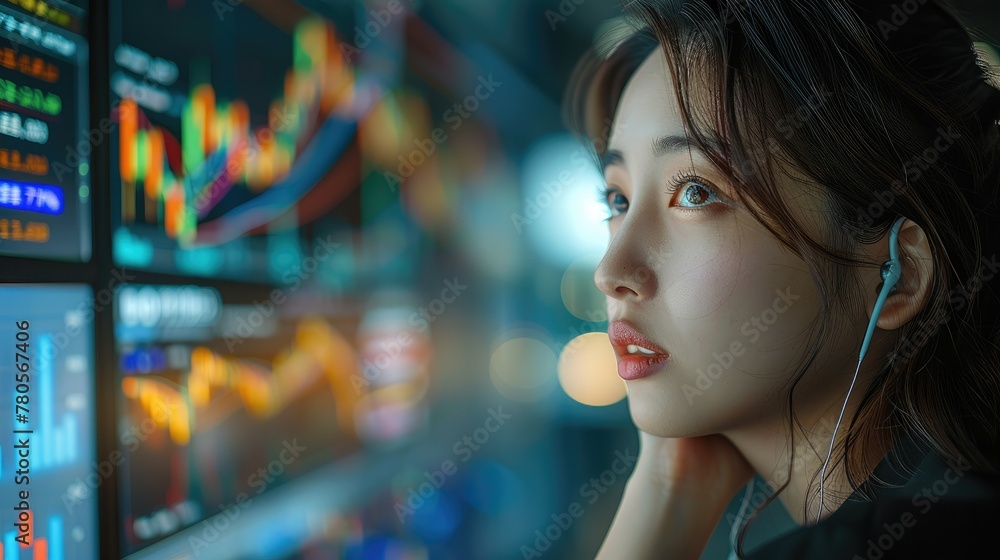 Japanese woman looking dynamic graphs, focused trader at computer, feeling of progress, high resolution, detailed financial charts, inspiring atmosphere. Generative AI. Japanese woman looking dynamic graphs, focused trader at computer, feeling of progress, high resolution, detailed financial charts, inspiring atmosphere. Generative AI.
