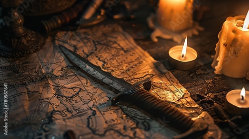 Dagger on ancient map, treasure hunt, candlelit room, adventure mood, sharp shadow photo