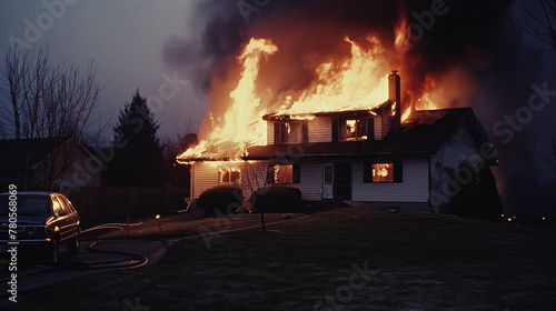 a dramatic scene of a two-story suburban house engulfed in flames