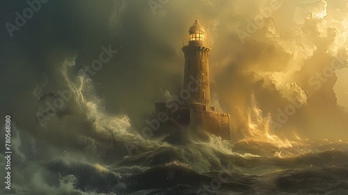 A lone lighthouse pierces the night sky, its beacon a constant guide for ships on the dark ocean photo