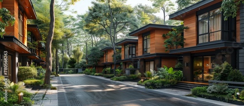 A row of modern wooden houses with large windows surrounded by greenery