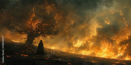 Moses by the burning bush at mount Horeb photo