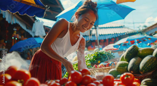  a woman in a white sleeveless top and red skirt picking tomatoes at an outdoor market, surrounded by other people shopping for fresh produce and blue umbrellas