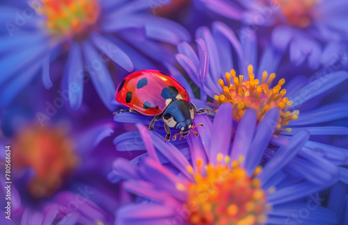 Closeup of a ladybug on a purple flower