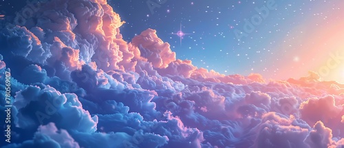 The process of falling asleep visualized as a gentle descent into a soft, welcoming sea of clouds and stars